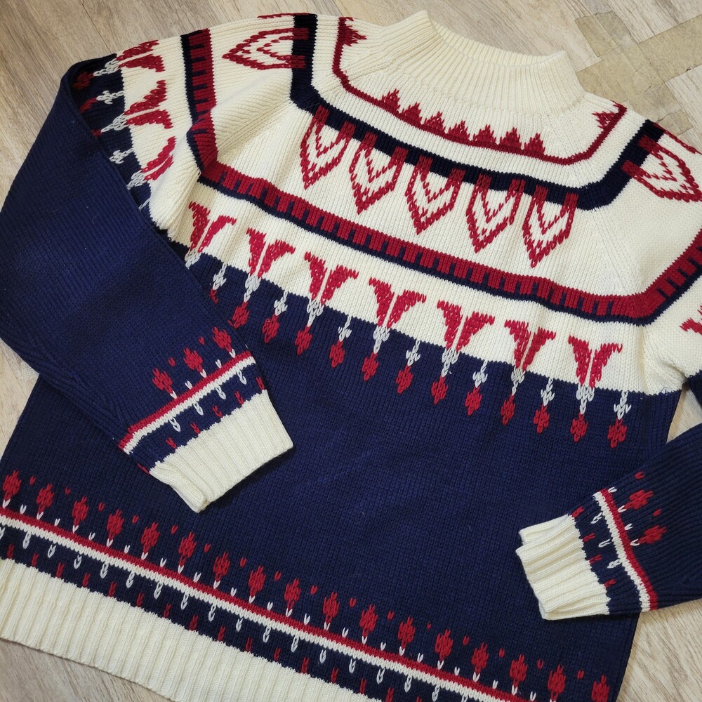 Vintage 70s 80s true vtg JC Penneys Sweater large Red Navy Cream Knit Mock Neck